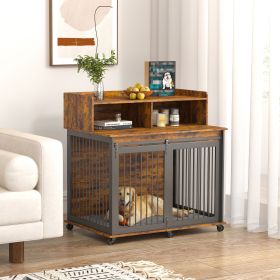 Furniture type dog cage iron frame door with cabinet, top can be opened and closed. Rustic Brown, 43.7'' W x 29.9'' D x 42.2'' H